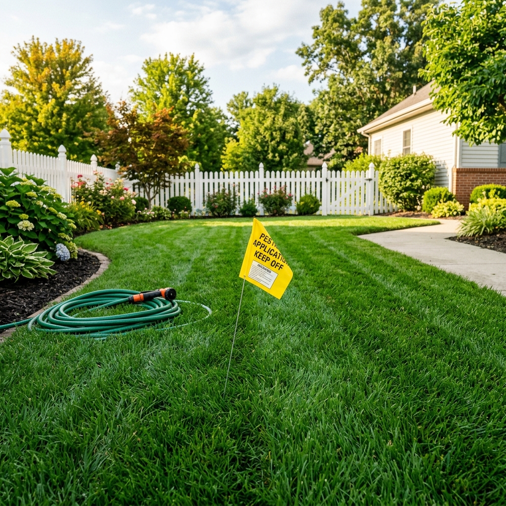 Treated lawn with caution marker